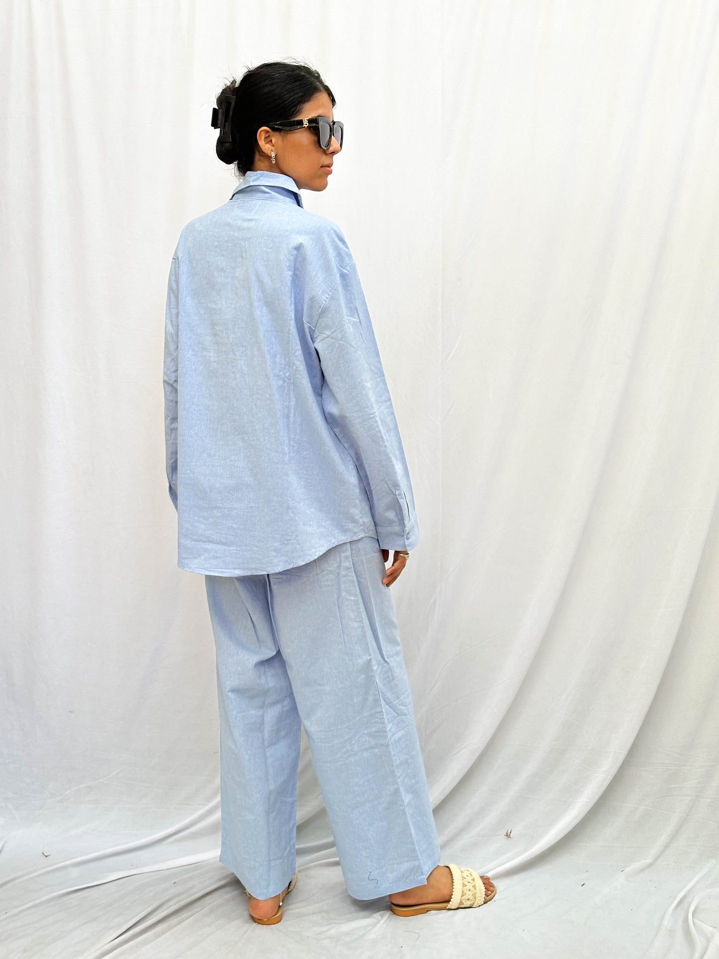 LIGHT BLUE LINEN CO-ORDS WITH WHITE THREAD EMBROIDERY BESU INDIA