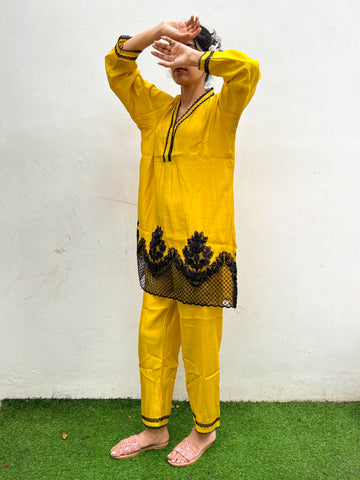 MUSTARD LACE APPLIQUÉ PATCH WORK KURTA SET BESU INDIA