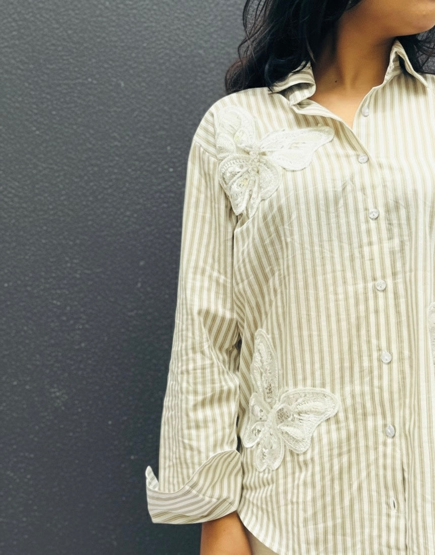 CREAM STRIPED SHIRT WITH BUTTERFLY PATCHWORK BESU INDIA
