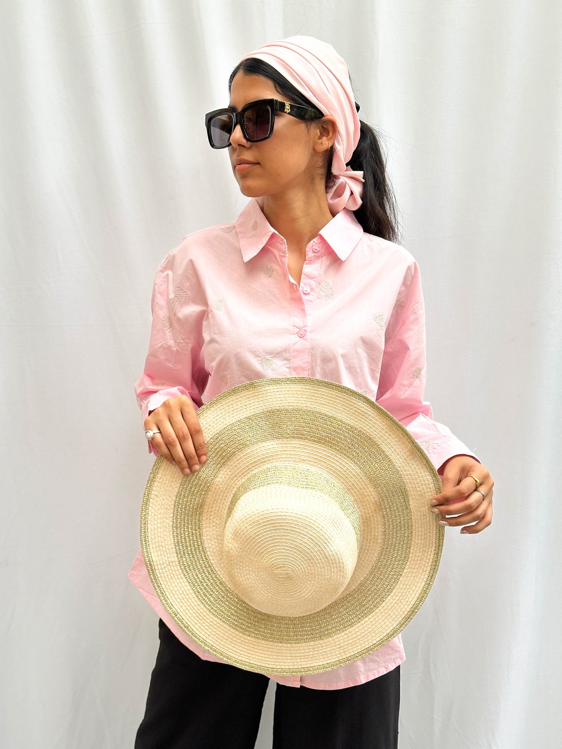 LIGHT PINK COTTON SHIRT WITH GOLD EMBROIDERED HEARTS BESU INDIA