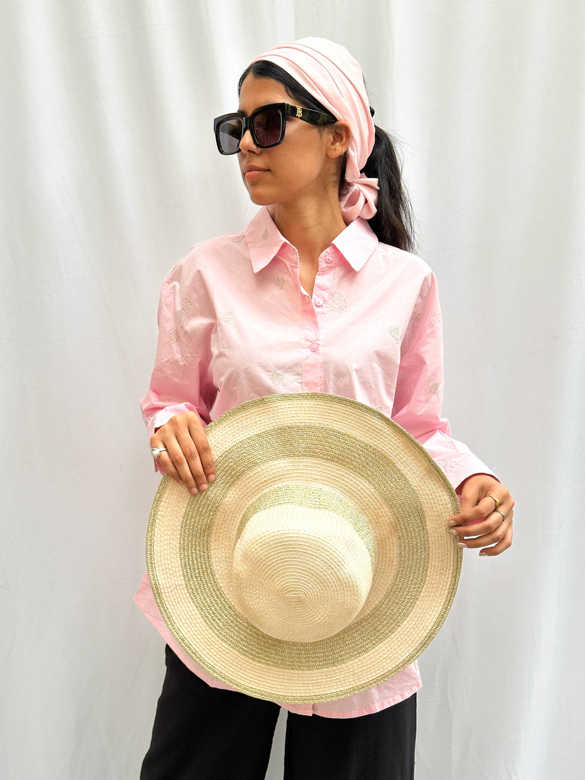 LIGHT PINK COTTON SHIRT WITH GOLD EMBROIDERED HEARTS BESU INDIA
