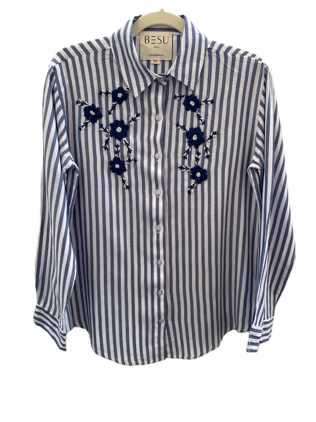 NAVY BLUE STRIPED SHIRT WITH FLORAL EMBROIDERY BESU INDIA