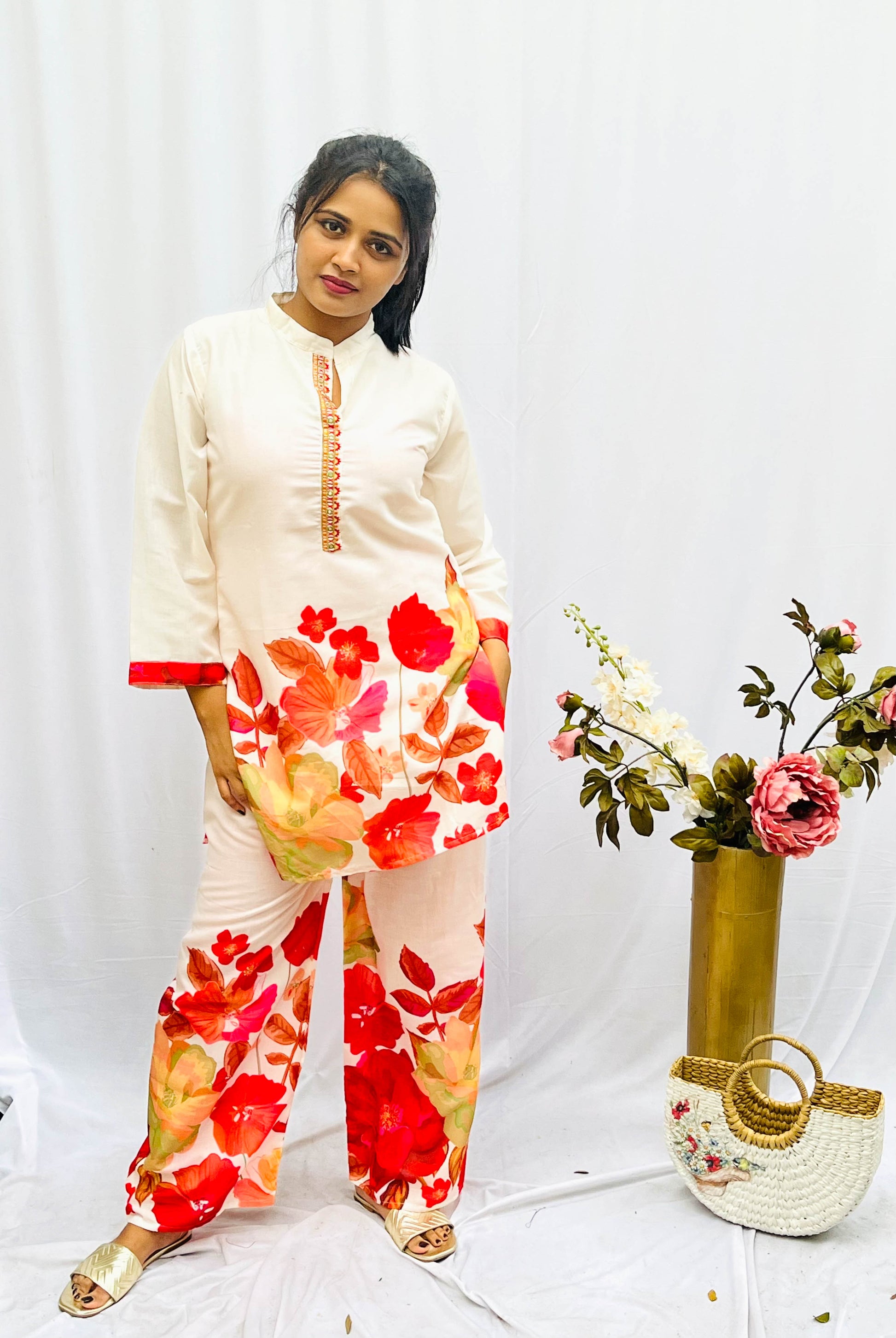 FLORAL PRINT CHINESE COLLAR COTTON KURTA SET BESU INDIA
