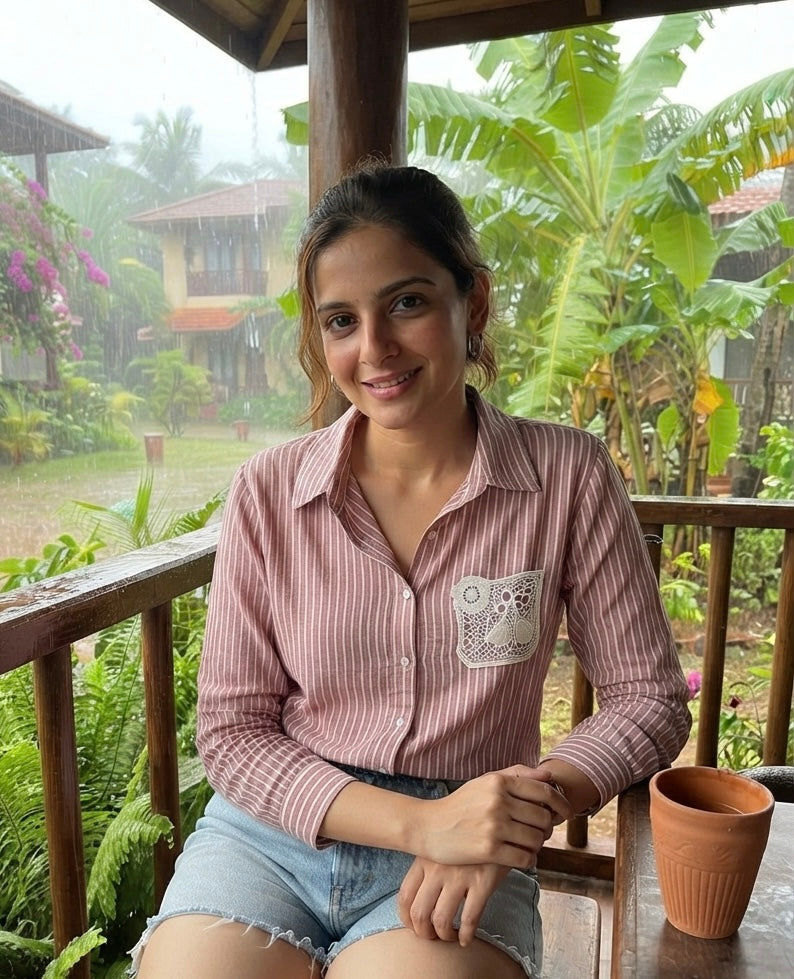 DUSTY ROSE STRIPED SHIRT WITH LACE POCKET BESU INDIA