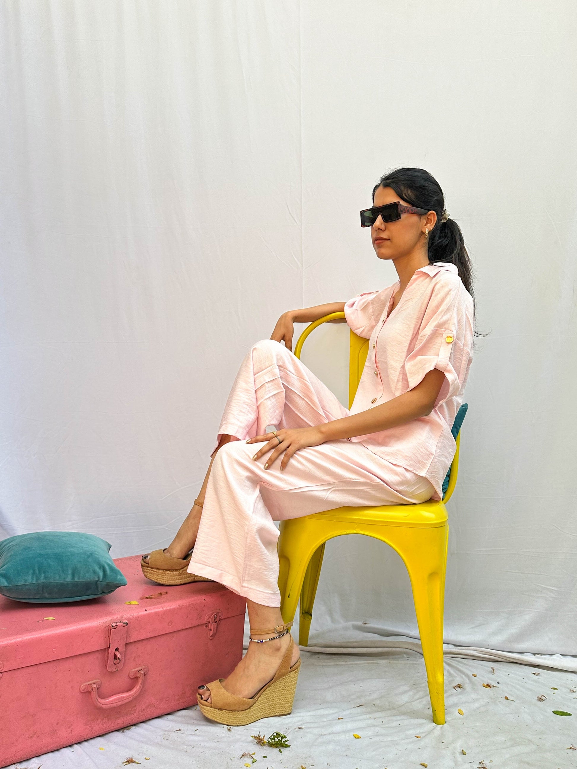 BABY PINK CO-ORDS WITH GOLD BUTTONS BESU INDIA