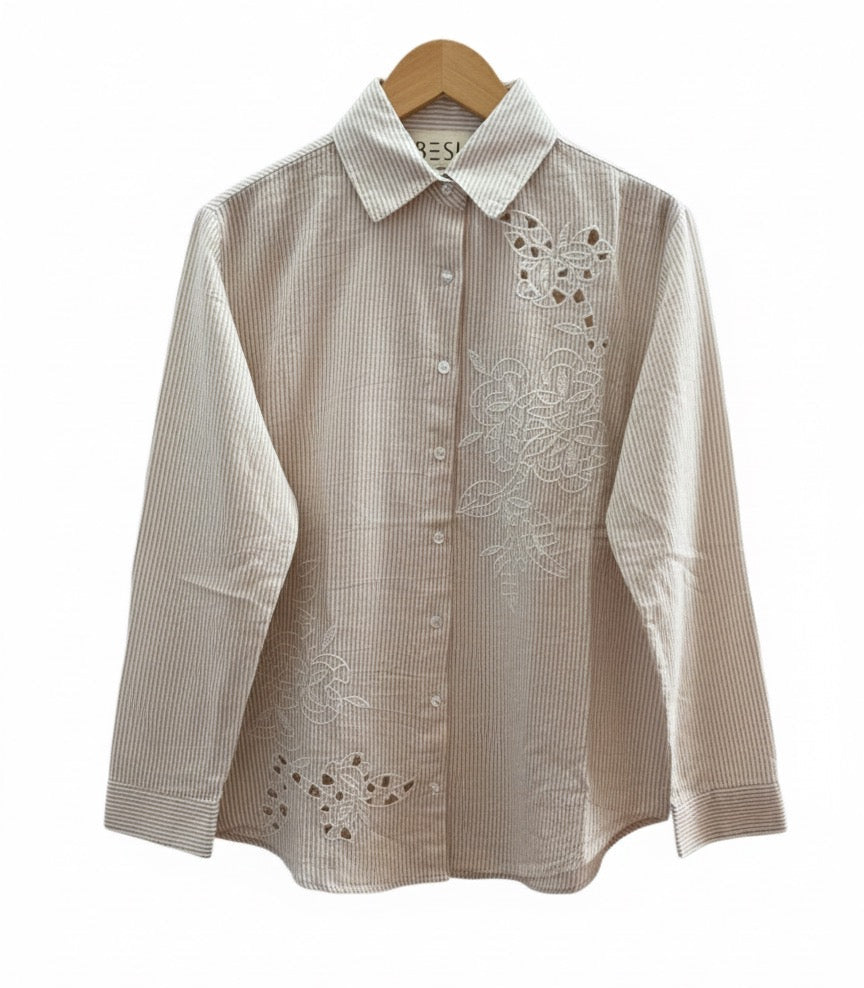 BEIGE STRIPED SHIRT WITH WHITE THREAD EMBROIDERY BESU INDIA