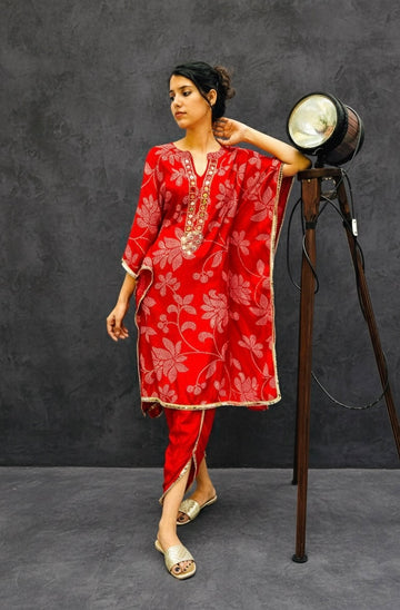 RED FLORAL PRINTED KAFTAN WITH TULIP PANTS BESU INDIA