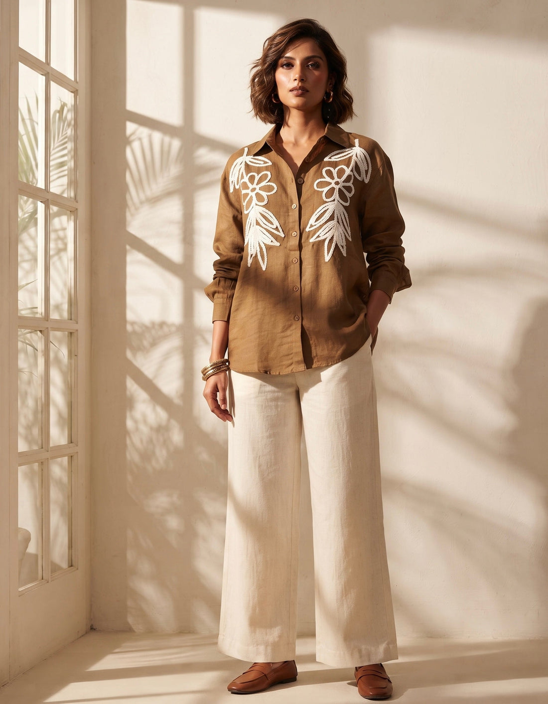 EARTHY BROWN APPLIQUÉ SHIRT BESU INDIA