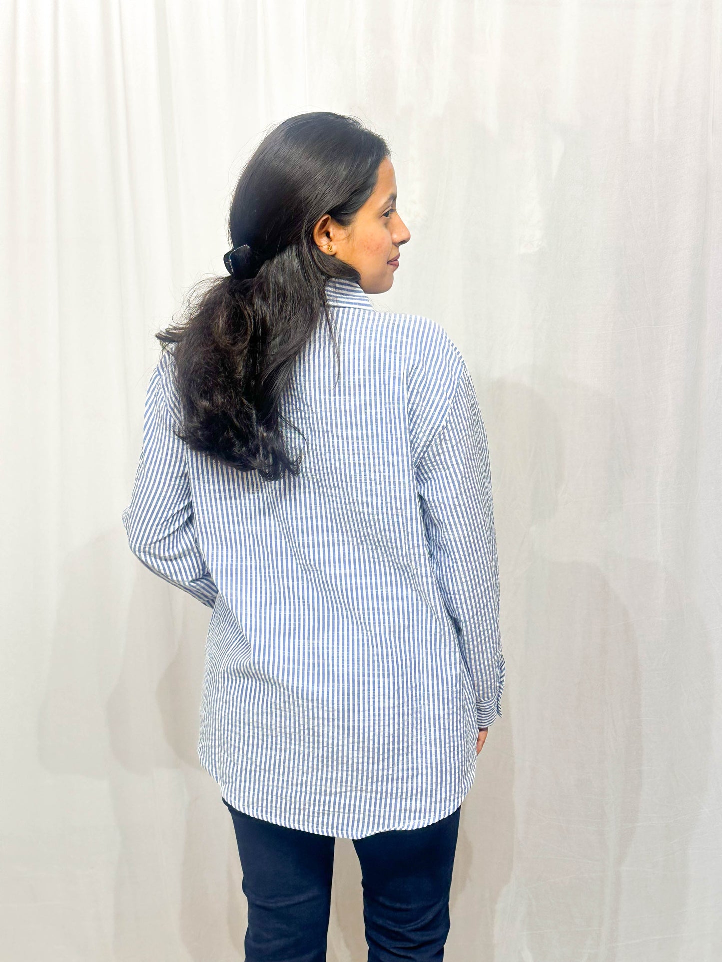 BLUE STRIPED SHIRT WITH HAND EMBELLISHMENTS COTTON SHIRT BESU INDIA