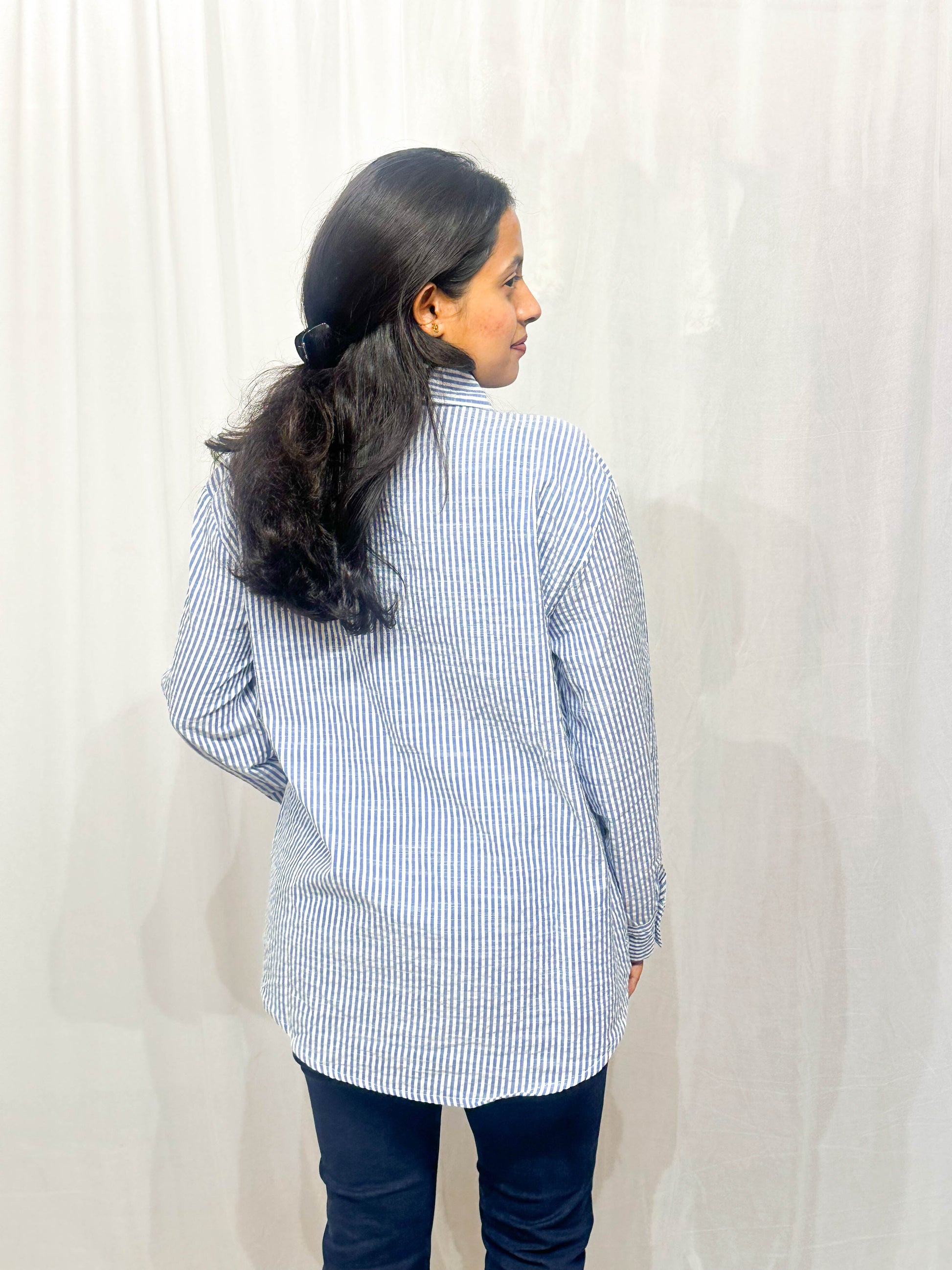BLUE STRIPED SHIRT WITH HAND EMBELLISHMENTS COTTON SHIRT BESU INDIA