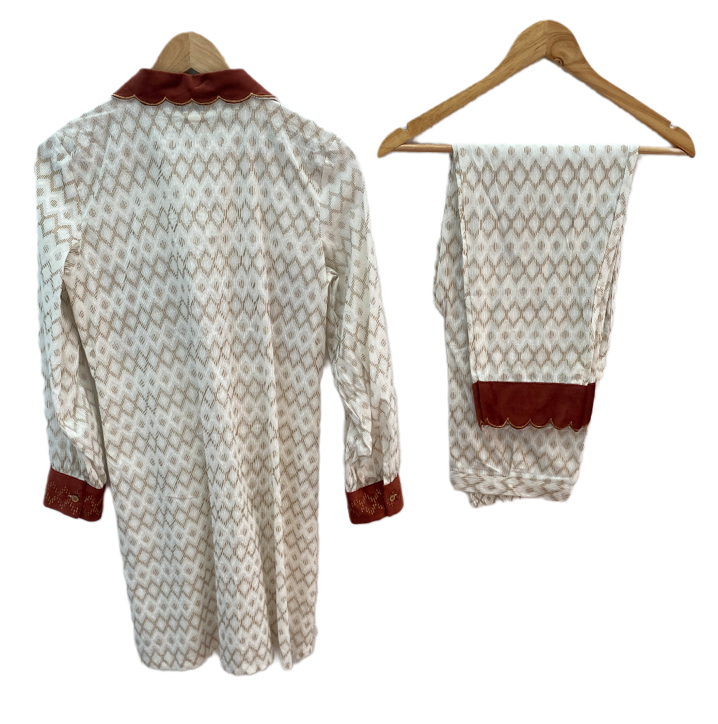 GOLD GEOMETRIC PRINT KURTA CO-ORD SET WITH RUST POCKETS BESU INDIA