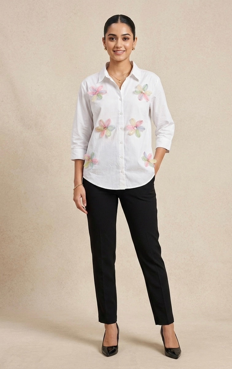 WHITE SHIRT WITH COLOURFUL FLOWERS PATCHWORK BESU INDIA