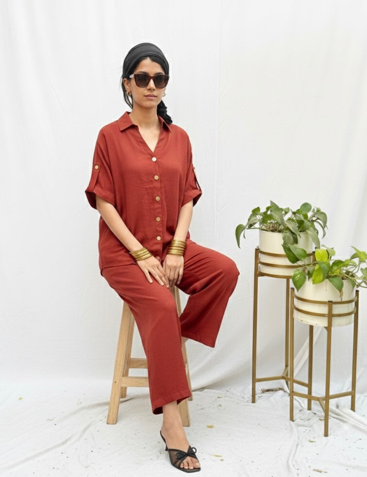 DEEP BURNT ORANGE CO-ORD SET WITH GOLD BUTTONS BESU INDIA