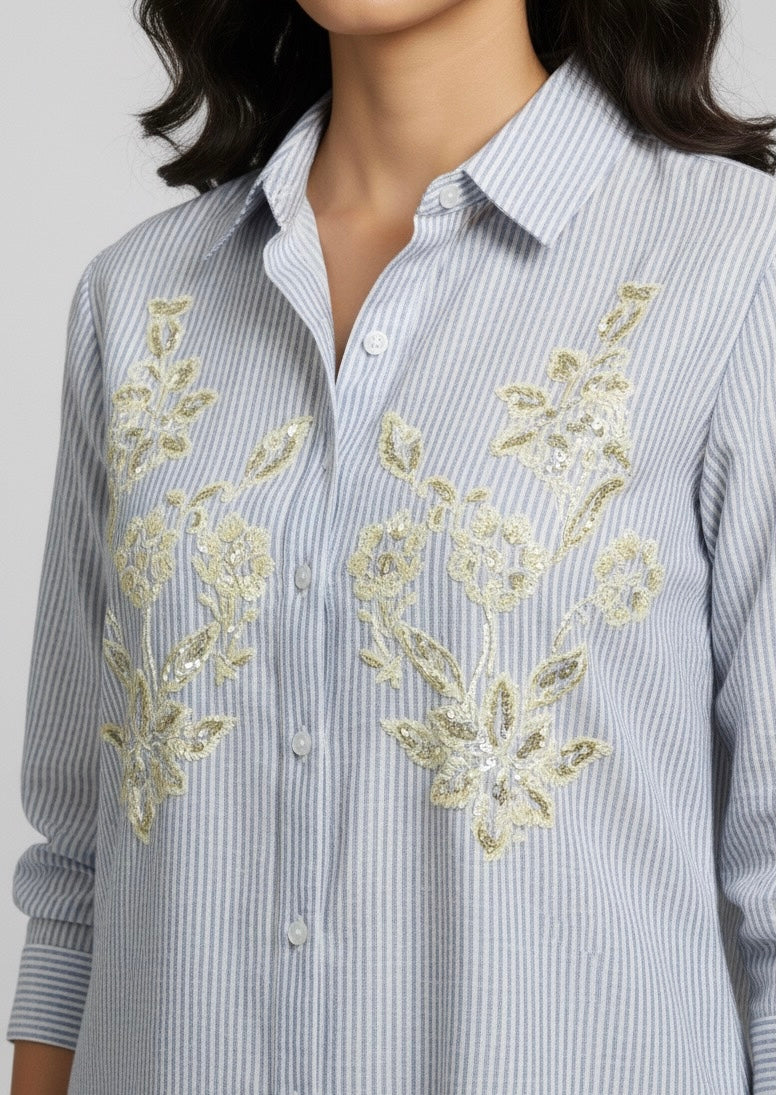LIGHT BLUE STRIPED AHIRT WITH SEQUINS EMBROIDERY BESU INDIA