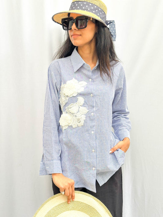 BLUE STRIPED SKIRT WITH PEARL PATCHWORK BESU INDIA