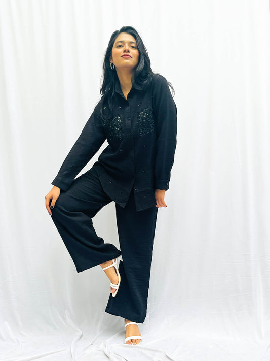 BLACK LINEN CO-ORDS WITH SEQUINS POCKETS BESU INDIA