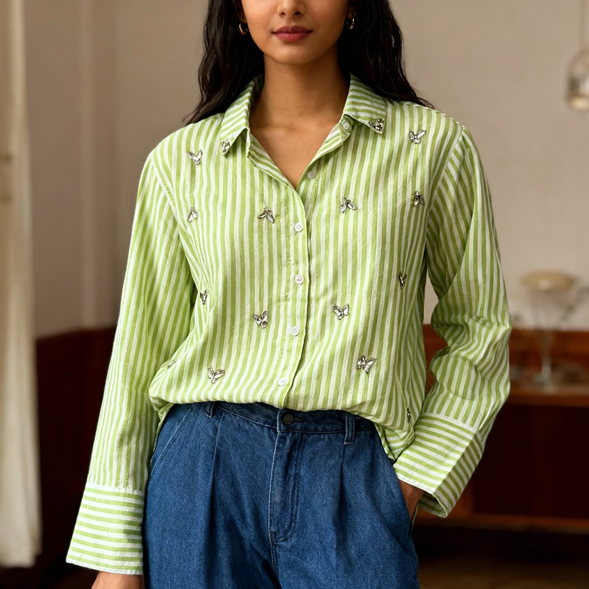 LIGHT GREEN STRIPED EMBELLISHED COTTON SHIRT BESU INDIA