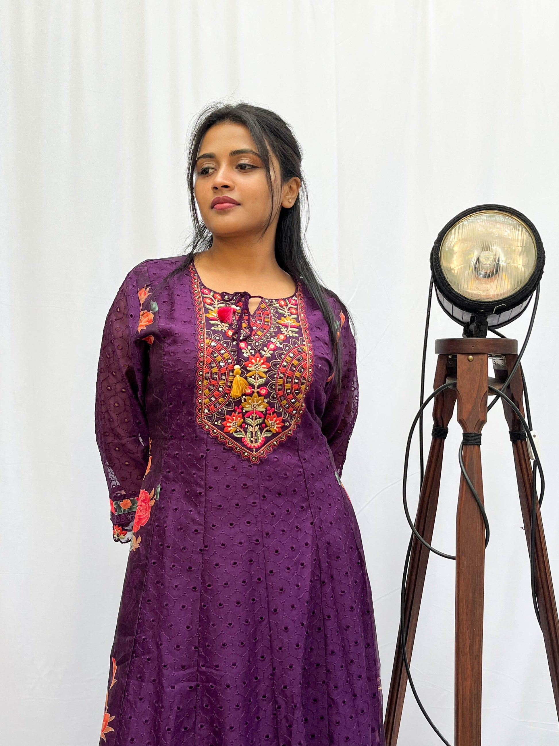 PURPLE EMBROIDERED AND PRINTED ANARKALI SET BESU INDIA