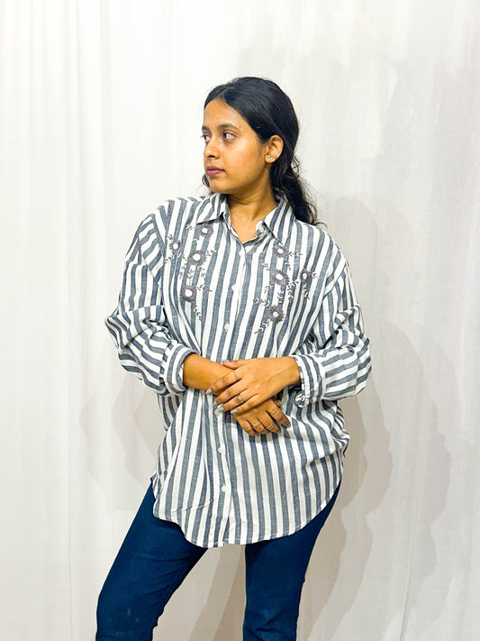 BLACK AND WHITE STRIPED COTTON SHIRT WITH FLORAL HAND EMBROIDERY BESU INDIA