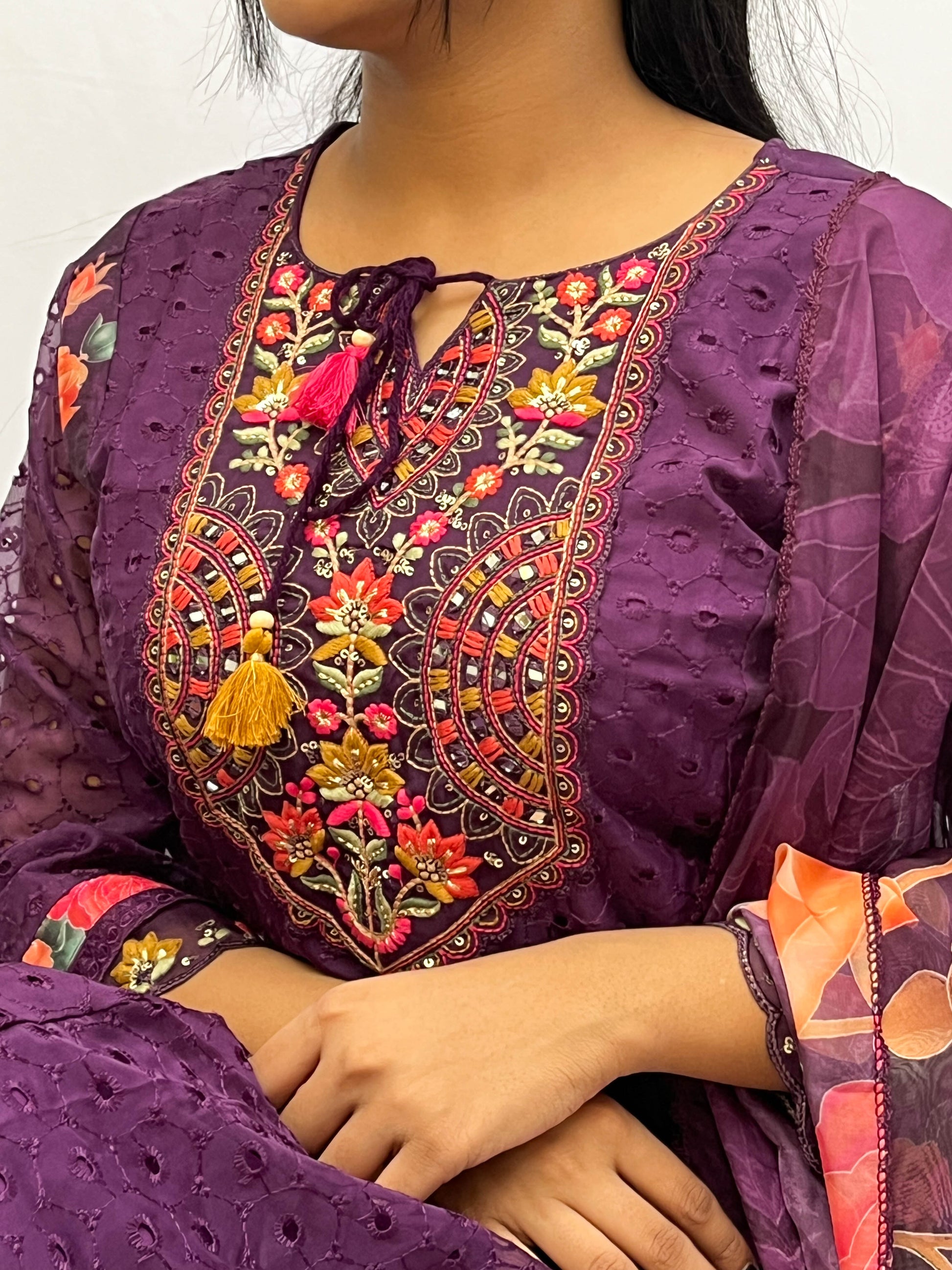 PURPLE EMBROIDERED AND PRINTED ANARKALI SET BESU INDIA