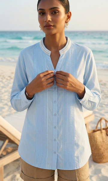 POWDER BLUE SHIRT WITH EMBROIDERED COLLAR BESU INDIA