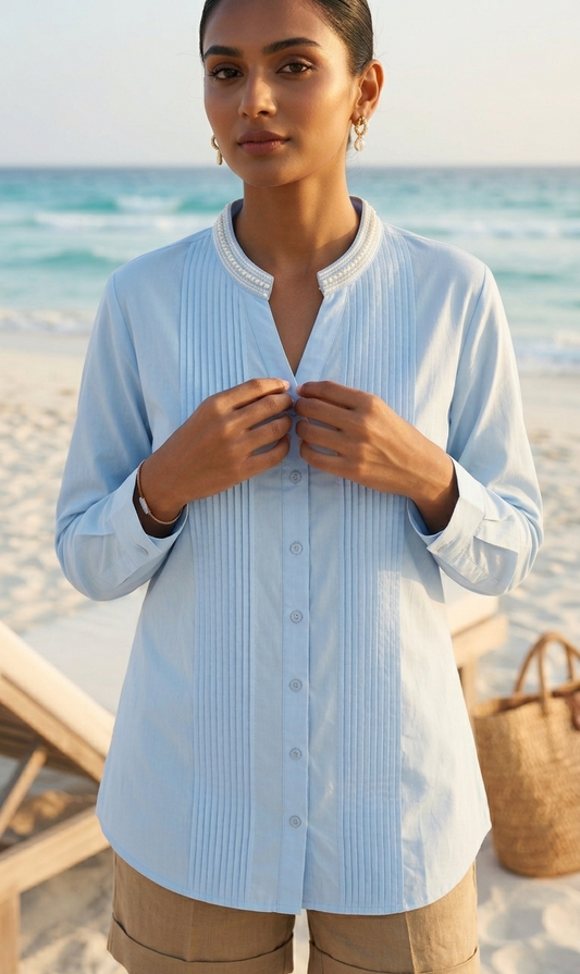 POWDER BLUE SHIRT WITH EMBROIDERED COLLAR BESU INDIA