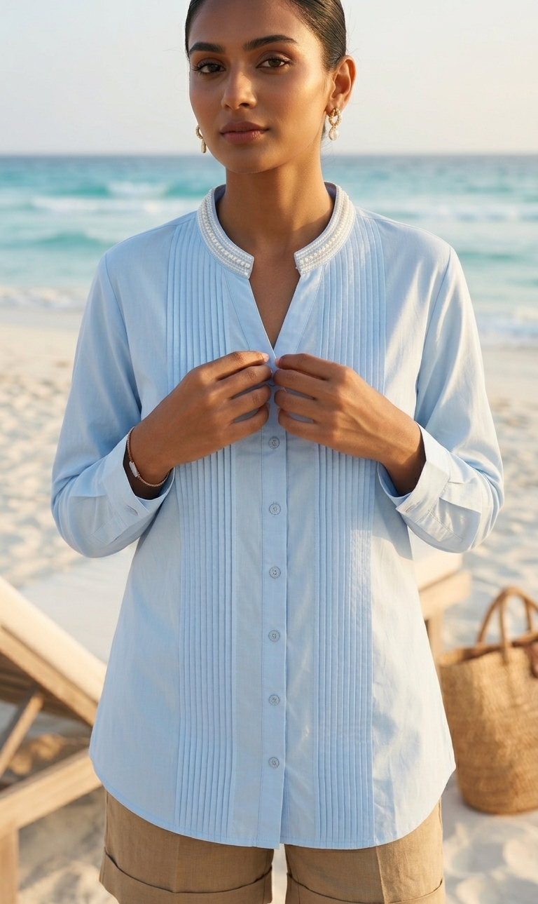 POWDER BLUE SHIRT WITH EMBROIDERED COLLAR BESU INDIA