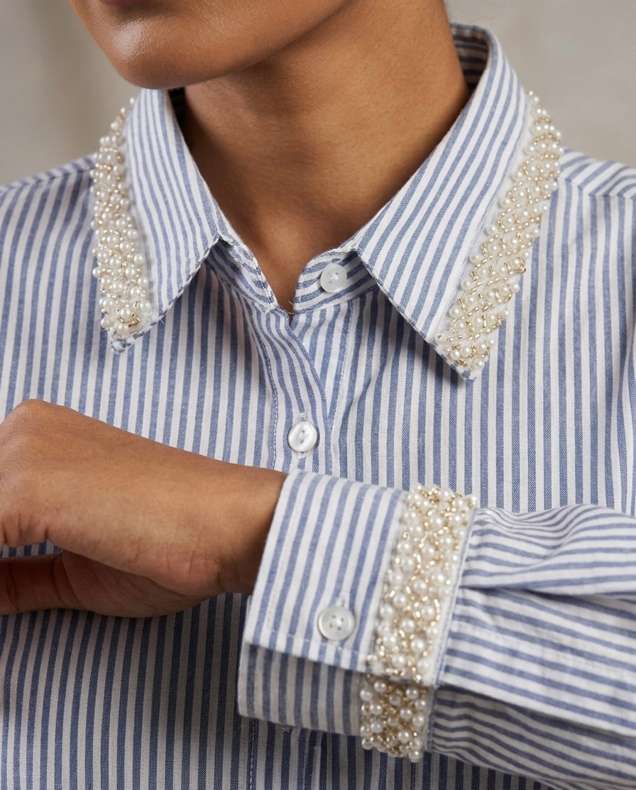 BLUE STRIPED SHIRT WITH EMBROIDERED COLLAR AND CUFFS BESU INDIA