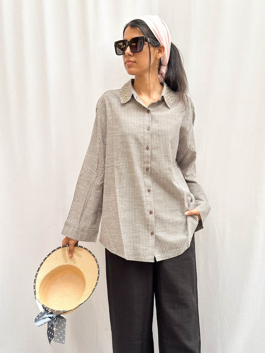 LIGHT GREY LINEN COMFORT SHIRT WITH EMBROIDERED COLLAR BESU INDIA