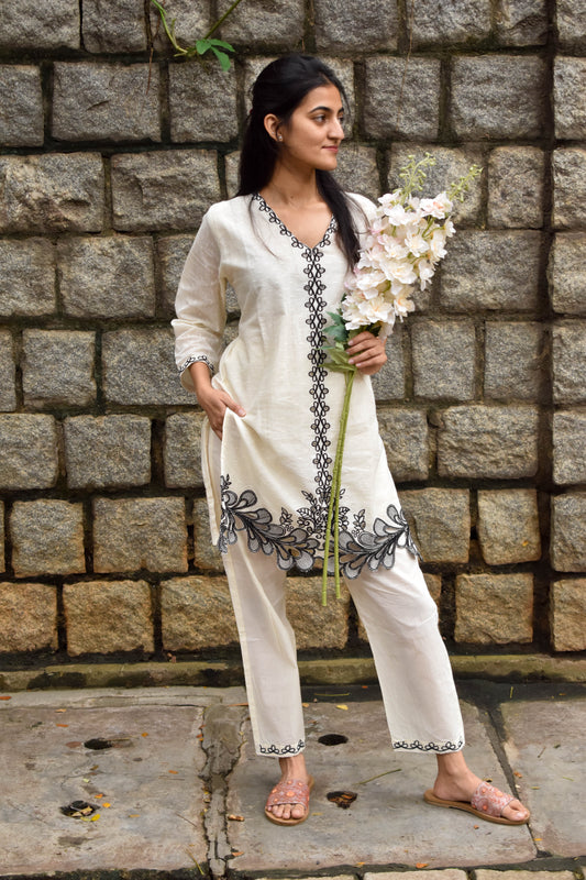 OFF WHITE COTTON KURTA SET WITH BLACK THREAD WORK AND CUT WORK BESU INDIA