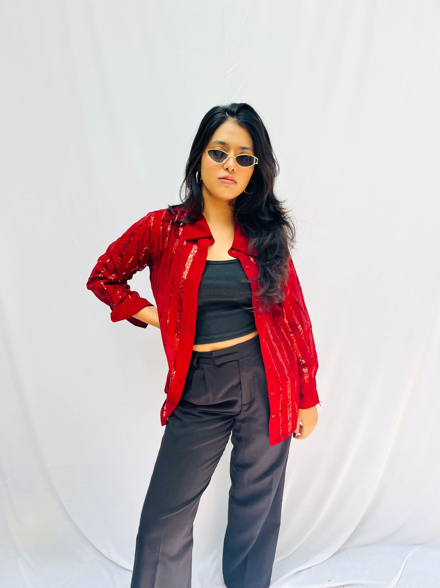 RED SEQUINS SEMI TRANSPARENT SHIRT BESU INDIA