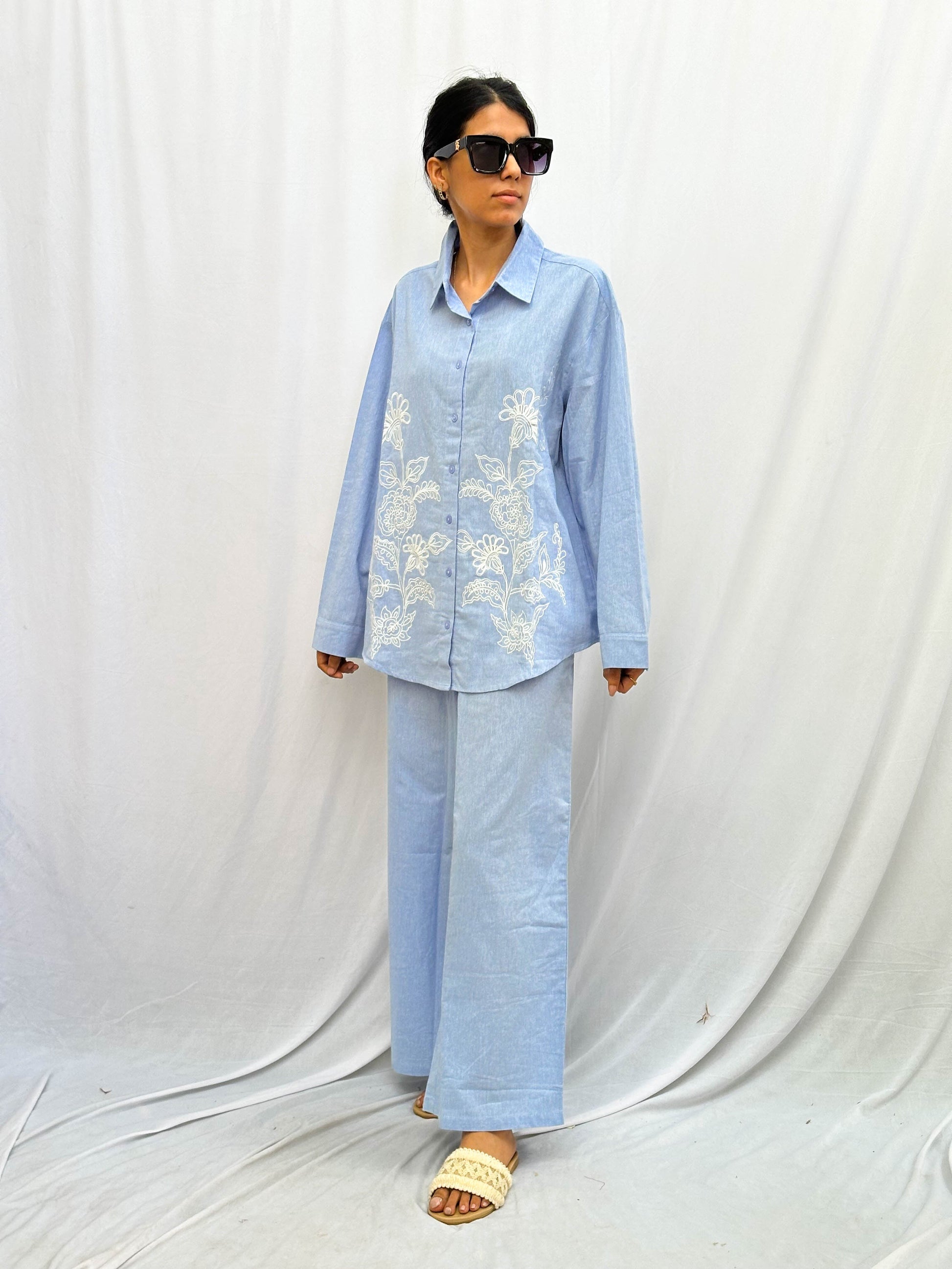 LIGHT BLUE LINEN CO-ORDS WITH WHITE THREAD EMBROIDERY BESU INDIA