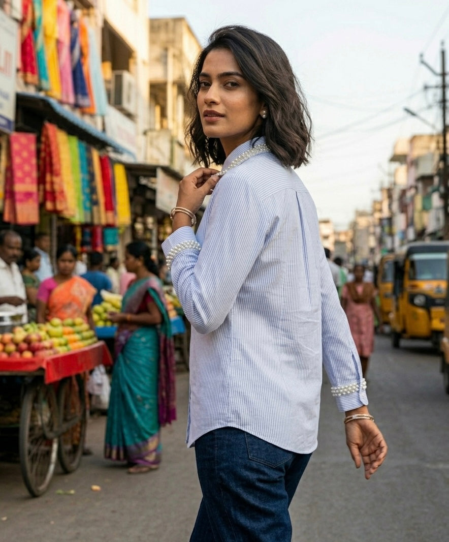 CLASSIC BLUE AND WHITE STRIPED SHIRT WITH PEARL ACCENTS BESU INDIA