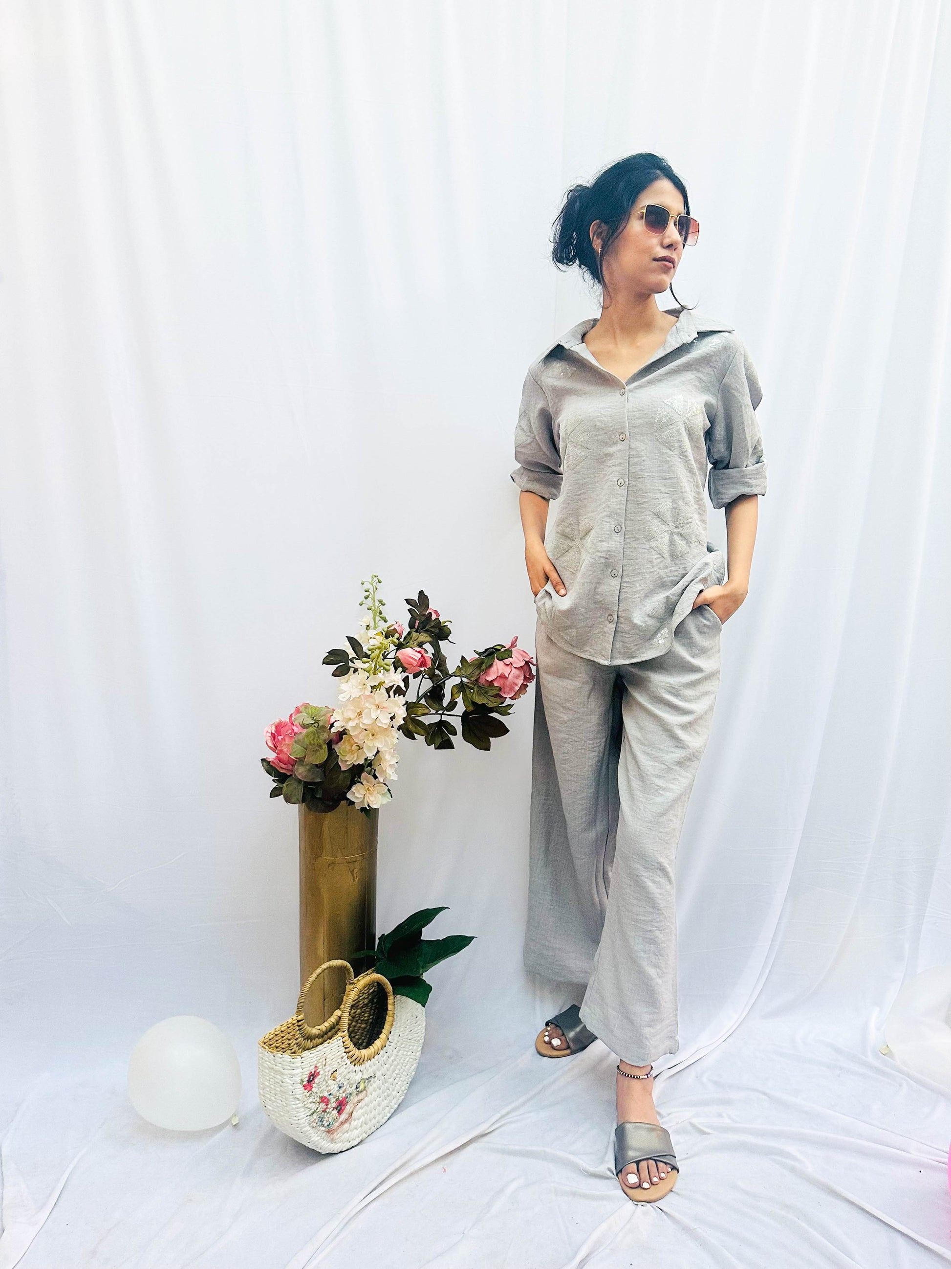LIGHT GREY SEQUINS LINEN CO-ORD BESU INDIA