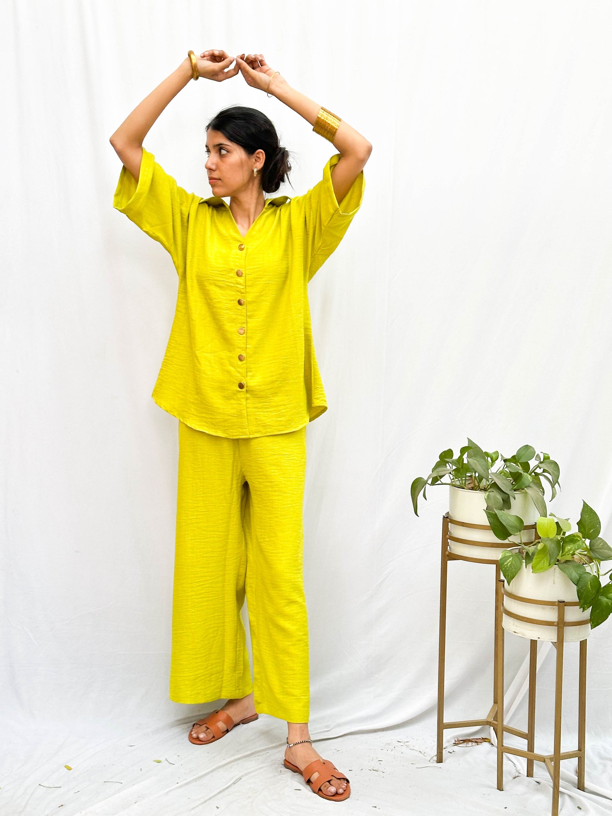 BRIGHT POP NEON GREEN SOFT COTTON CO-ORDS WITH GOLD BUTTONS BESU INDIA