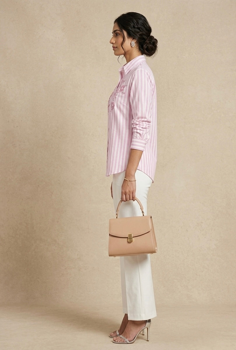PINK STRIPED SHIRT WITH FLORAL EMBROIDERY BESU INDIA