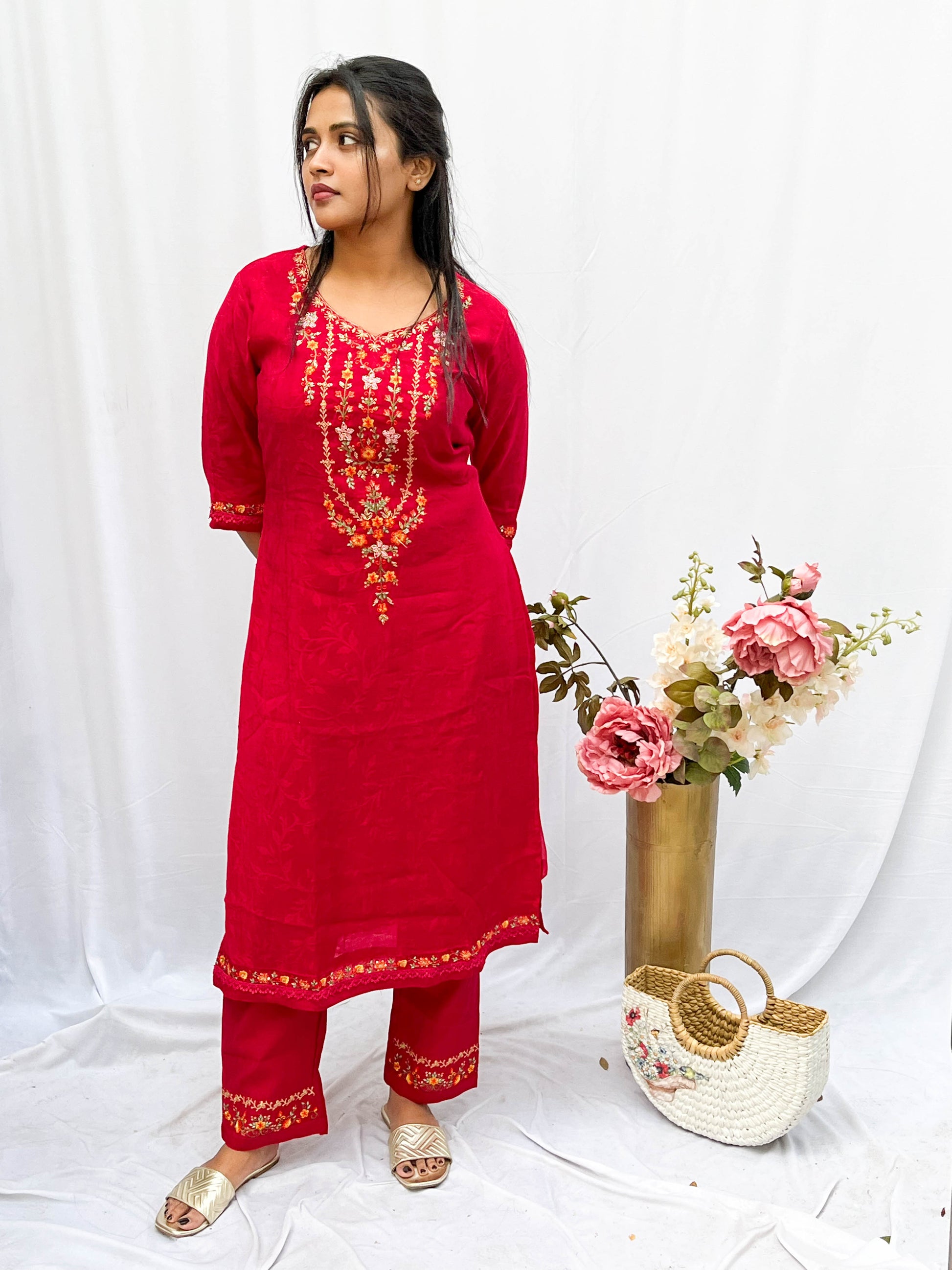 RED IS EMBROIDERED KURTA WITH EMBROIDERED PANTS AND PRINTED DUPUTTA BESU INDIA