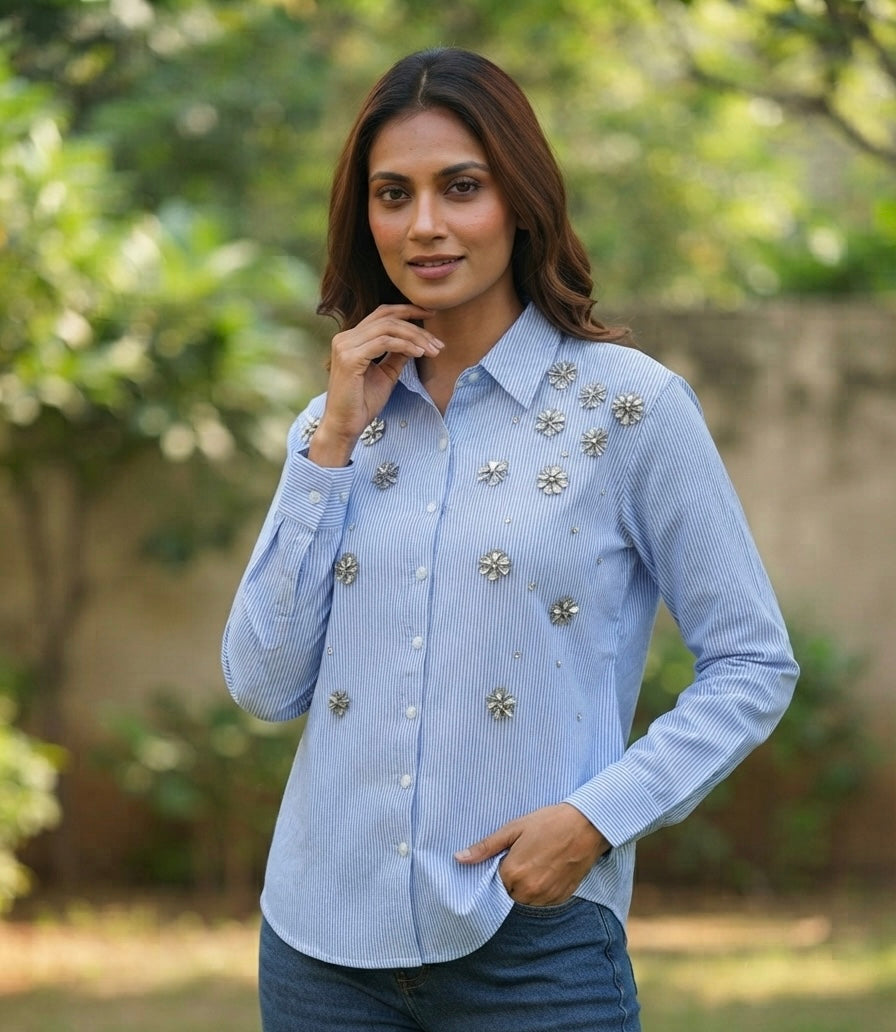 THE BLUE STRIPE SHIRT WITH STONE EMBELLISHMENTS BESU INDIA
