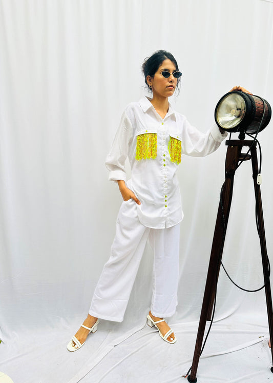 WHITE LINEN CO-ORDS WITH NEON DAZZLING POCKET BESU INDIA