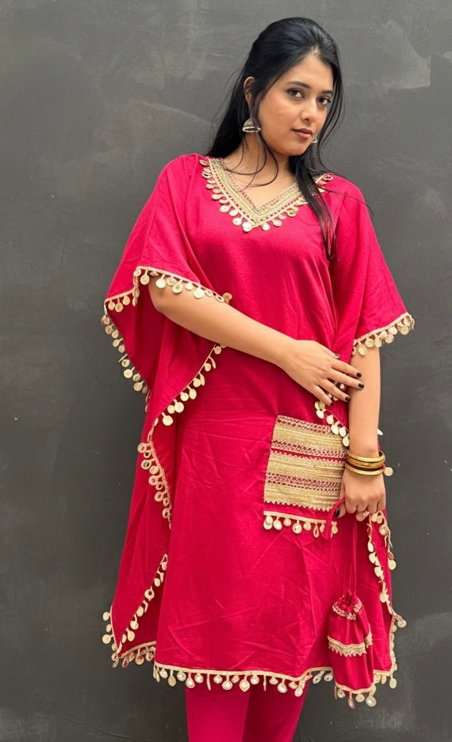 PINK MIRROR WORK KAFTAN WITH STRAIGHT PANTS AND BAG BESU INDIA