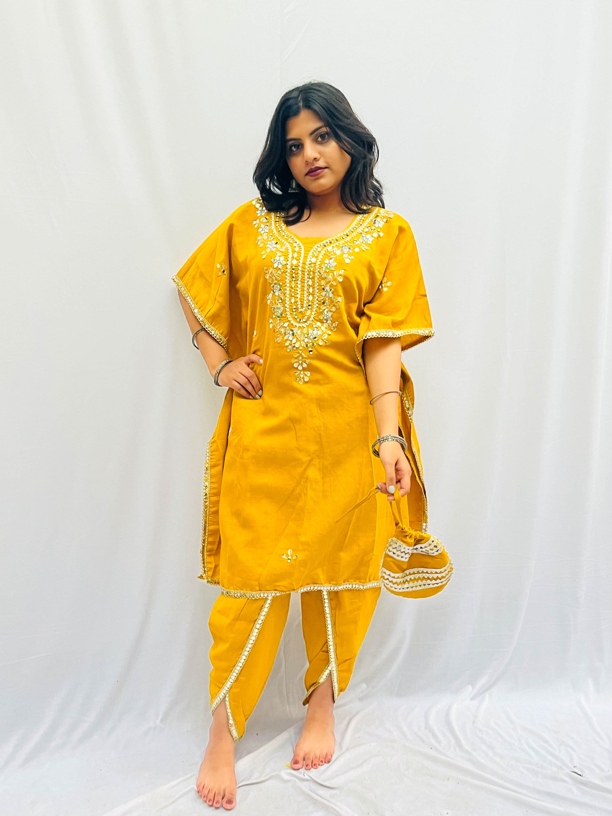 MUSTARD KAFTAN SET WITH A SMALL BAG BESU INDIA
