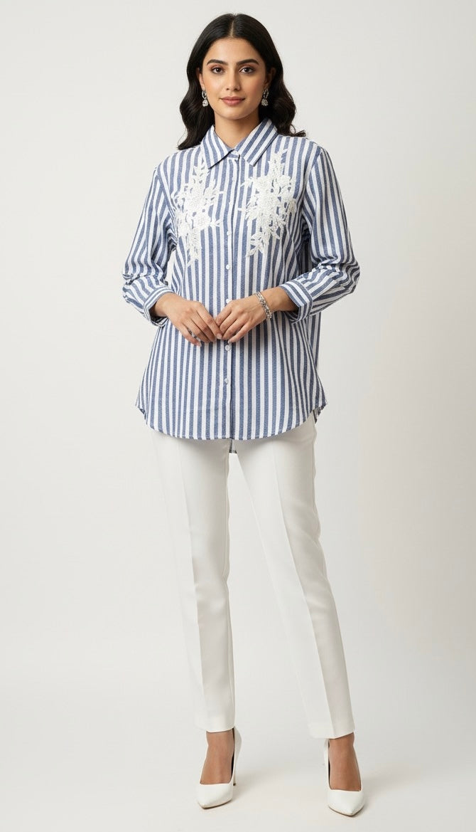 BLUE AND WHITE STRIPED SHIRT WITH SEQUINS HAND EMBROIDERY BESU INDIA