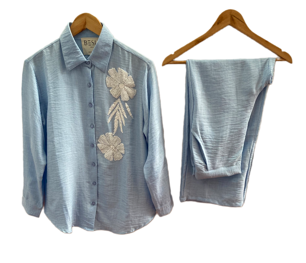 BLUE SOFT COTTON LINEN CO-ORDS WITH PATCHWORK WHITE SEQUINS EMBROIDERY BESU INDIA