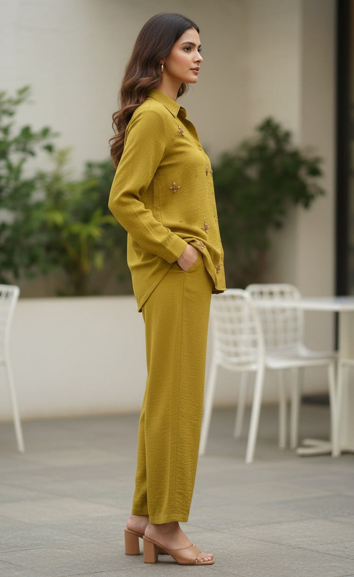 MUSTARD YELLOW COTTON EMBELLISHED CLASSIC CO-ORD BESU INDIA