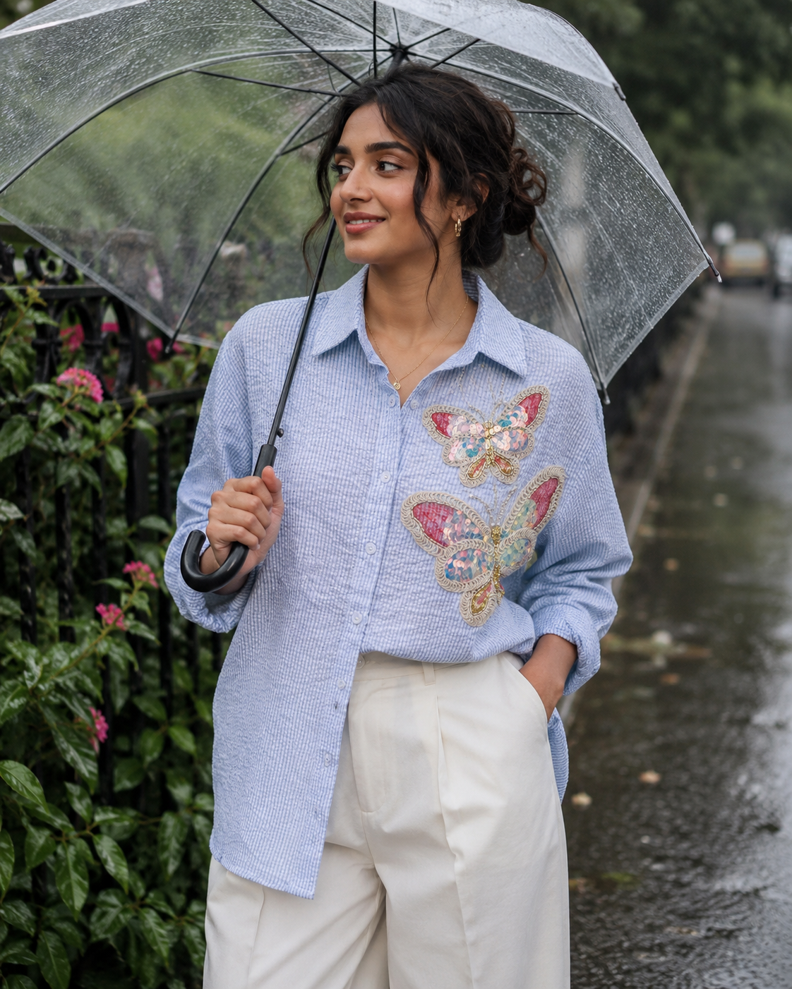 THE DARK BLUE STRIPED BUTTERFLY EMBROIDERED SHIRT BESU INDIA