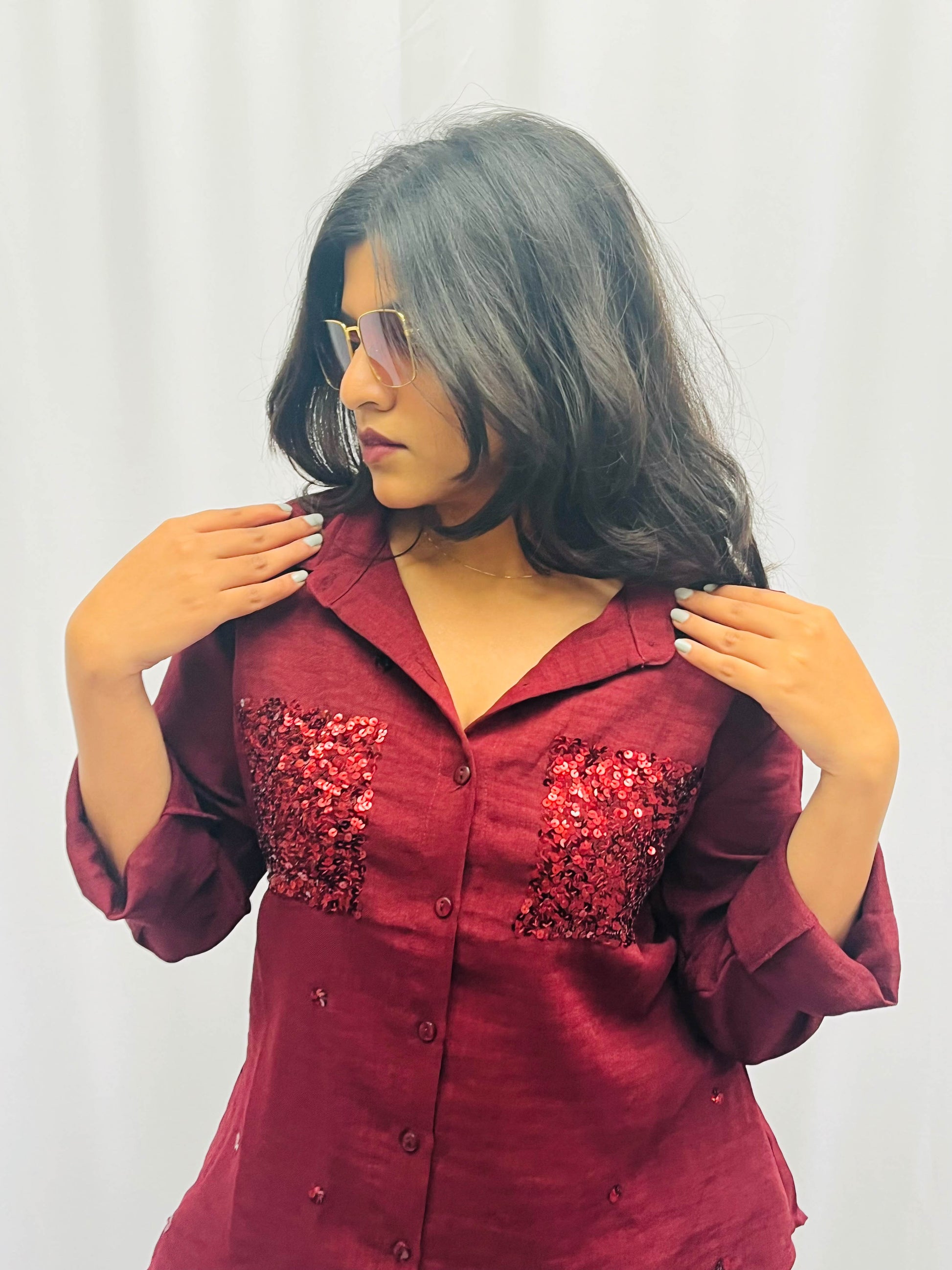 WINE RED LINEN CO-ORDS WITH SEQUINS POCKETS BESU INDIA