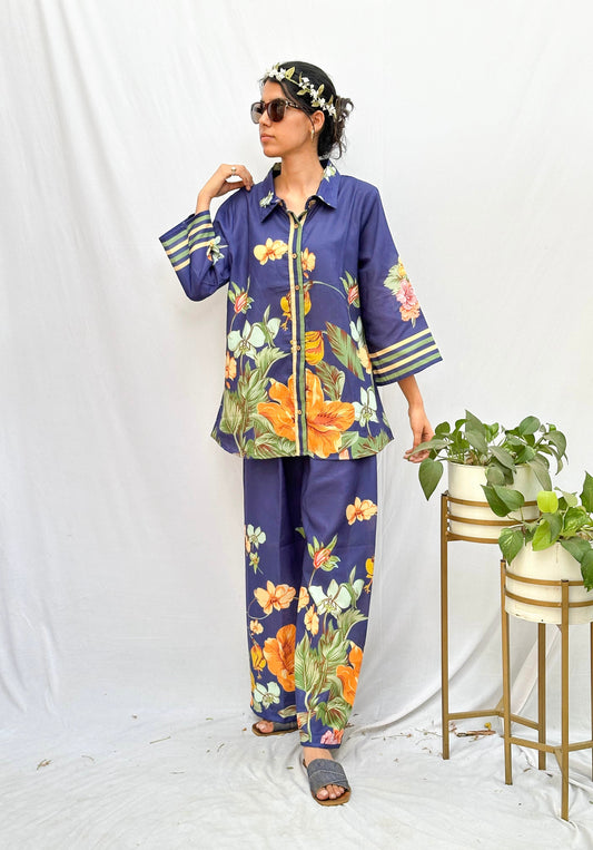 DEEP BLUE TROPICAL FLORAL PRINTED COTTON CO-ORD SET BESU INDIA
