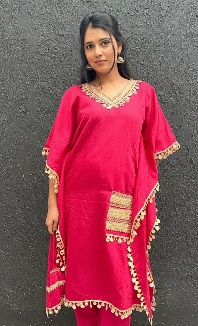 PINK MIRROR WORK KAFTAN WITH STRAIGHT PANTS AND BAG BESU INDIA