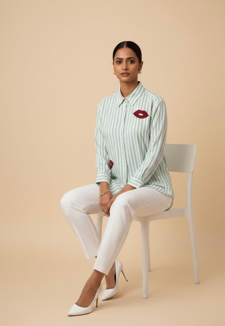 LIGHT GREEN STRIPED SHIRT WITH PATCHWORK