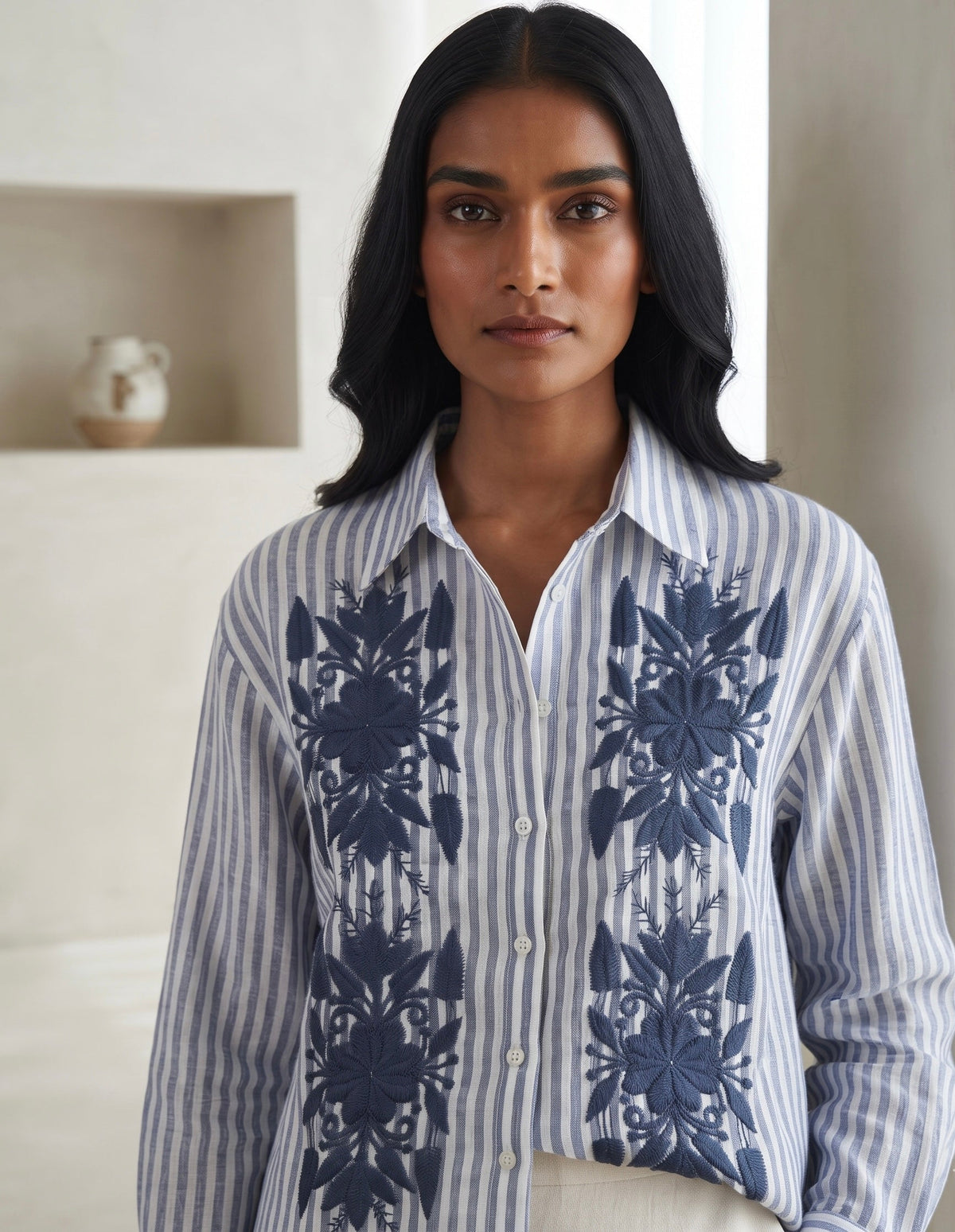 NAVY BLUE STRIPED EMBROIDERED SHIRT BESU INDIA